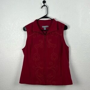 City Blues by Koret Women's Red Sleeveless Zip-Up Vest Embroidered Sz M Pockets